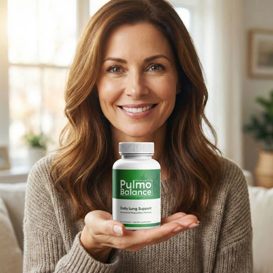 Smiling woman holding a Pulmo Balance lung support supplement bottle